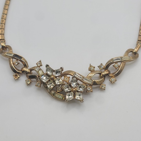 Vintage Trifari Necklace Rhinestone Gold Tone Signed REPAIR 15" - Picture 3 of 16
